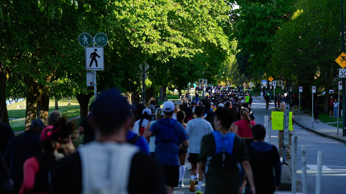 A group of runners on a city street